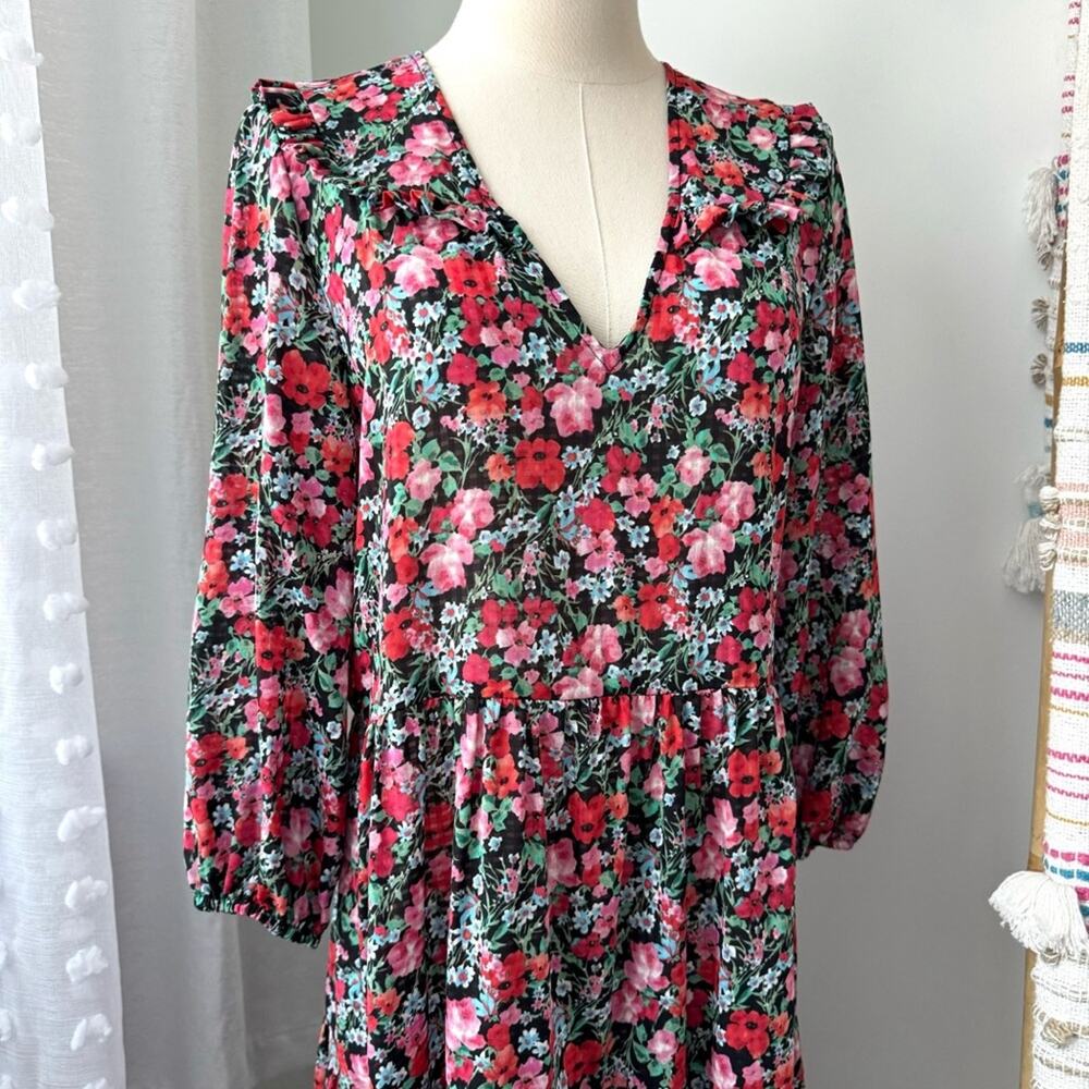 Zara Red Pink Black Green Floral Long Balloon Sleeves Midi Dress Women’s Small - Picture 2 of 12